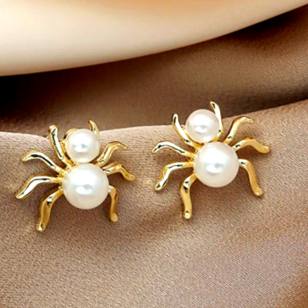 SPIDER EARRINGS SIMULATED PEARL HEAD AND BODY Delicate